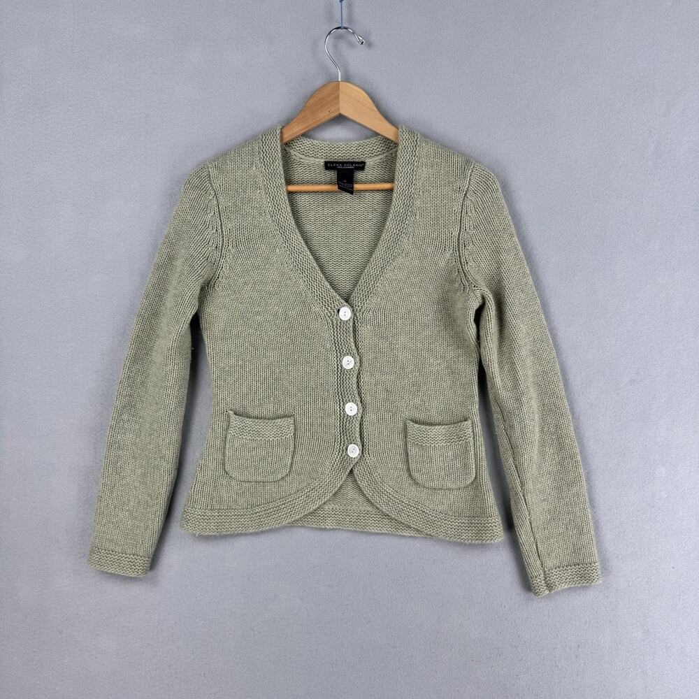 Elena Solano Cardigan Sweater Womens Medium Green 100% Cashmere V Neck Buttons